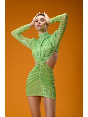 Gira Yeşil Payetli Cut Out Detaylı Payetli Mini Elbise