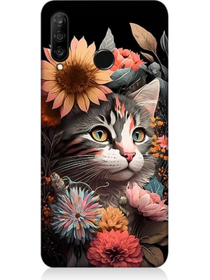 Karizma Tablo Huawei P30 Lite Uyumlu Silikon Kılıf Çiçekler ve Kül Gri Kedi