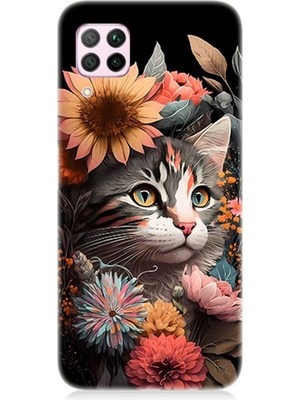 Karizma Tablo Huawei P40 Lite Uyumlu Silikon Kılıf Çiçekler ve Kül Gri Kedi