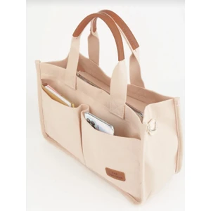 Krem Kanvas Cepli Tote Bag Omuz Çantası