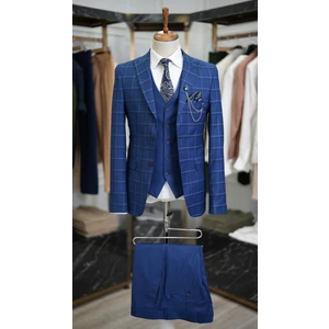 Erkek Ekoseli Takım Elbise Kırlangıç Yaka Italyan Kesim Slim Fit Ceket Yelek Pantolon-Lacivert
