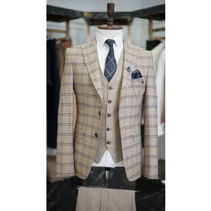 Erkek Ekoseli Takım Elbise Kırlangıç Yaka Italyan Kesim Slim Fit Ceket Yelek Pantolon-Krem