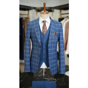 Erkek Ekoseli Takım Elbise Kırlangıç Yaka Italyan Kesim Slim Fit Ceket Yelek Pantolon-Mavi