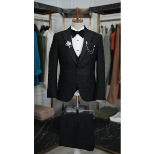 Erkek Smokin Damatlık Jakarlı Kırlangıç Yaka Italyan Kesim Slim Fit Ceket Yelek Pantolon Papyon-Siyah