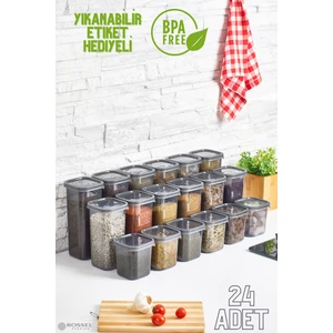 Rossel Premium Lüks Füme 24'lü Erzak Saklama Kabı Etiket Hediyeli