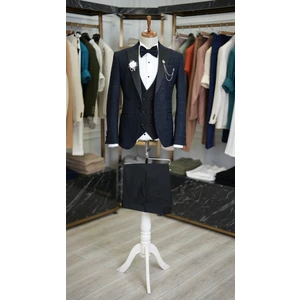 Erkek Smokin Damatlık Jakarlı Kırlangıç Yaka Italyan Kesim Slim Fit Ceket Yelek Pantolon Papyon-Lacivert