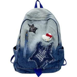 God Of Wealth Yıkanmış Denim Işlemeli Ombre Sırt Çantası (Yurt Dışından)