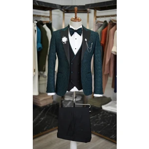 Erkek Smokin Damatlık Jakarlı Kırlangıç Yaka Italyan Kesim Slim Fit Ceket Yelek Pantolon Papyon-Yeşil