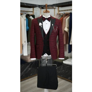 Erkek Smokin Damatlık Jakarlı Kırlangıç Yaka Italyan Kesim Slim Fit Ceket Yelek Pantolon Papyon-Bordo