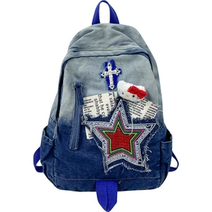 God Of Wealth Yıkanmış Denim Işlemeli Ombre Sırt Çantası (Yurt Dışından)