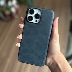 iPhone 13 Pro Max Uyumlu Deri Kılıf Içi Kadife Kahverengi Arka Kapak Silikon Kenar Taba Deri Telefon Kılıfı