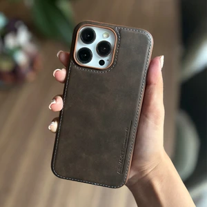 iPhone 13 Pro Max Uyumlu Deri Kılıf Içi Kadife Kahverengi Arka Kapak Silikon Kenar Taba Deri Telefon Kılıfı