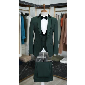 Erkek Smokin Damatlık Şal Yaka Italyan Kesim Slim Fit Ceket Yelek Pantolon Papyon-Yeşil