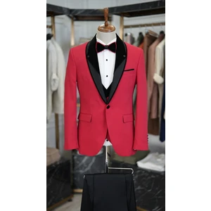 Erkek Smokin Damatlık Şal Yaka Italyan Kesim Slim Fit Ceket Yelek Pantolon Papyon-Kırmızı