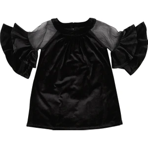 Kız Çocuk Kolları Volan Detaylı Kadife Elbise