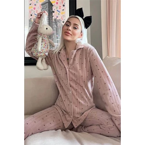 Pijama Evi Kahve Kalp Önden Düğmeli Peluş Polar Pijama Takımı