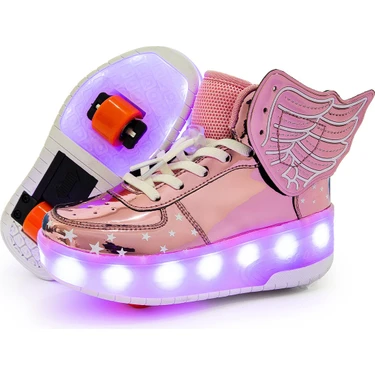 YW-BC Heelys Yüksek Top Çocuk Işıklı Ayakkabı Çift Kanatlı Kasnak Ayakkabı LED Işıklı Spor Ayakkabı