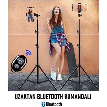 Bluetooth Kumandalı 210 cm Tripod Telefon Tutuculu Selfie Çubuğu, Telefon, Kamera, Lamba,