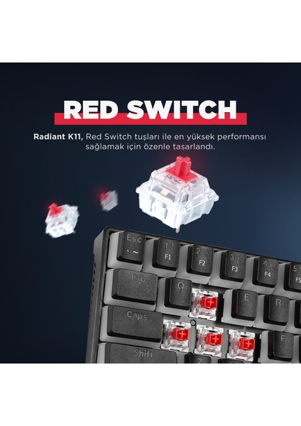 RADIANT K11 Siyah Type-C Bağlantılı RGB Puding Tuşlu US Layout Red Switch Gaming Oyuncu Klavye