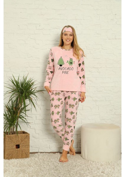 Kadın Pembe Avakado Desenli Kışlık Polar Pijama Takımı 13K-20057