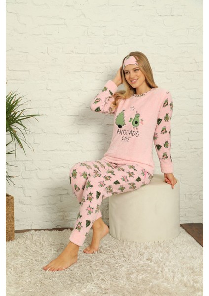 Kadın Pembe Avakado Desenli Kışlık Polar Pijama Takımı 13K-20057