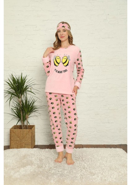 Kadın Pembe Desenli Kışlık Polar Pijama Takımı 13D-20021