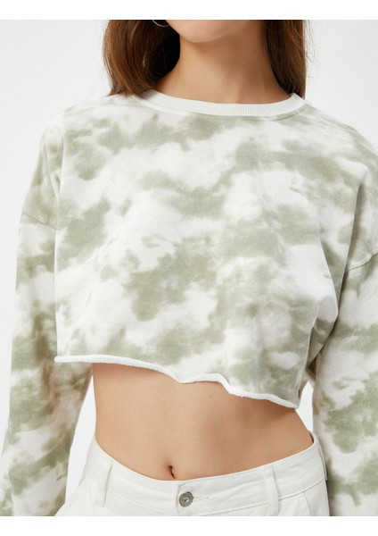 Batik Desenli Bisiklet Yaka Crop Sweatshirt indirimleri