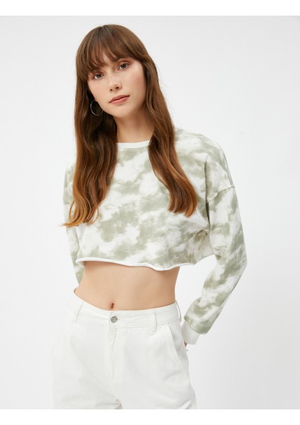 Batik Desenli Bisiklet Yaka Crop Sweatshirt