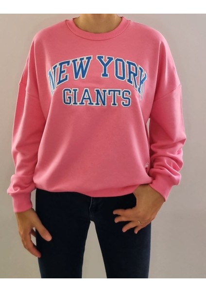 Oversize Model Pembe Mavi Baskılı Bisiklet Yaka Spor Şık 3 İplik Şardonsuz Sweatshirt