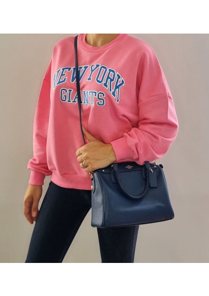 Oversize Model Pembe Mavi Baskılı Bisiklet Yaka Spor Şık 3 İplik Şardonsuz Sweatshirt