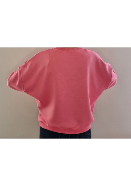 Oversize Model Pembe Mavi Baskılı Bisiklet Yaka Spor Şık 3 İplik Şardonsuz Sweatshirt