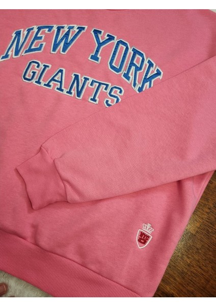 Oversize Model Pembe Mavi Baskılı Bisiklet Yaka Spor Şık 3 İplik Şardonsuz Sweatshirt