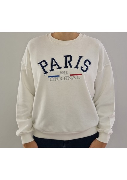 Oversize Model beyaz Baskılı Bisiklet Yaka Spor Şık 3 İplik Şardonsuz Sweatshirt