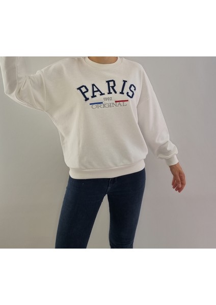Oversize Model beyaz Baskılı Bisiklet Yaka Spor Şık 3 İplik Şardonsuz Sweatshirt modelleri