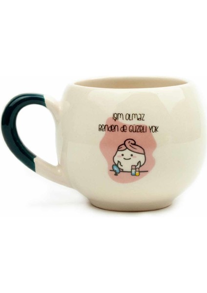 Işim Olmaz Benden De Güzeli Yok Krem Parlak Balon Kupa (Yeşil Kulp) - Hediye Seramik Kupa