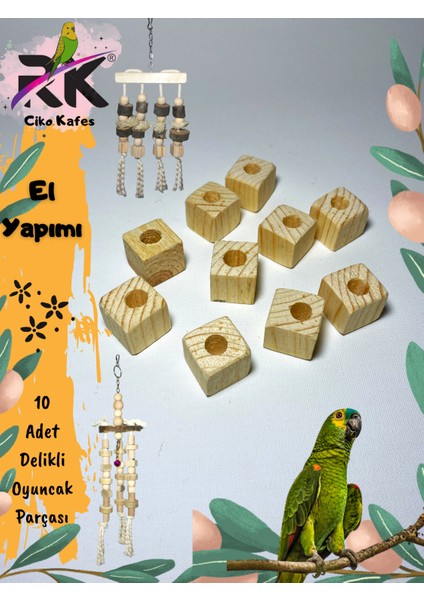 Delikli 2x2 2cm Delik Çapı 8mm Dir 10 Adet Ahşap Küp Papağan Oyuncak Tamir Parçası