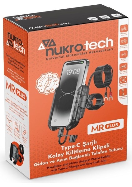 Mr Plus Usb-C Şarjlı Klipsli Motosiklet Telefon Tutucu