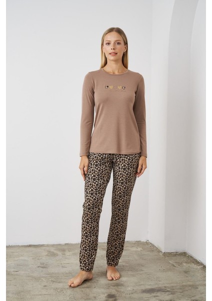 24513 Kadın Leopar Desenli Pijama Takım
