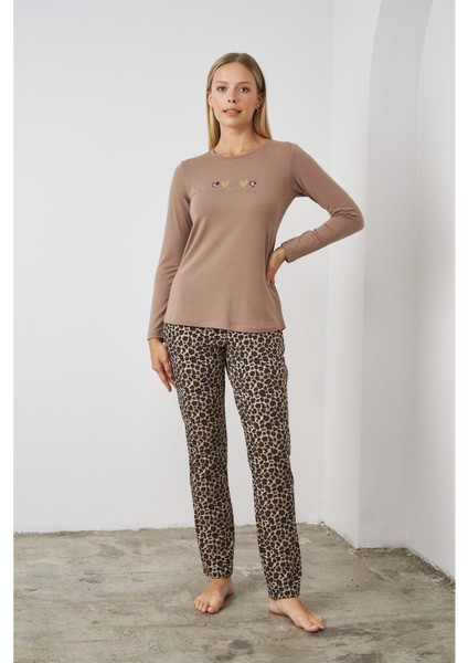 24513 Kadın Leopar Desenli Pijama Takım