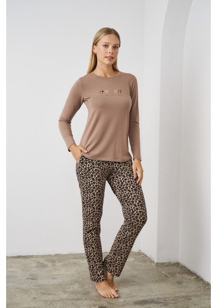24513 Kadın Leopar Desenli Pijama Takım