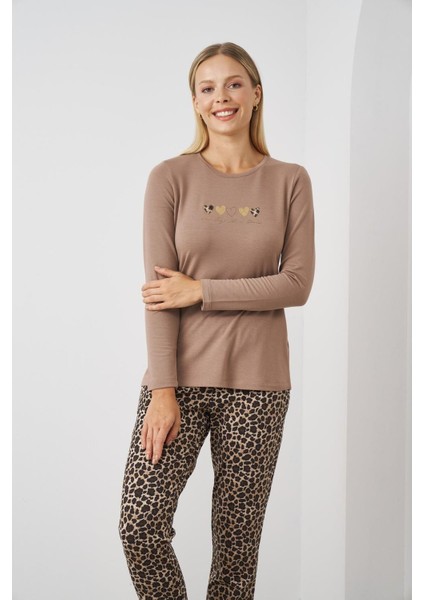 24513 Kadın Leopar Desenli Pijama Takım