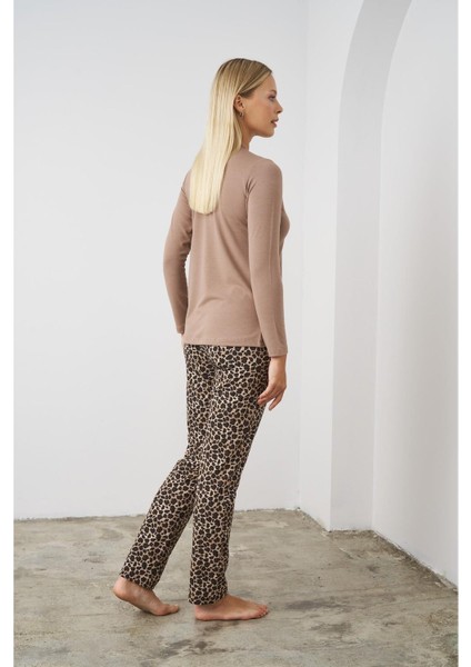 24513 Kadın Leopar Desenli Pijama Takım