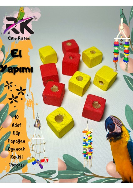 Delikli Renkli 2x2 2cm Delik Çapı 8mm Dir 10 Adet Ahşap Küp Papağan Oyuncak Tamir Parçası