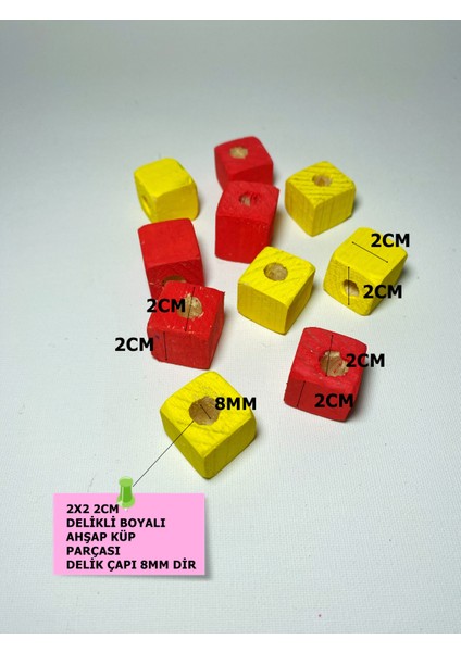 Delikli Renkli 2x2 2cm Delik Çapı 8mm Dir 10 Adet Ahşap Küp Papağan Oyuncak Tamir Parçası