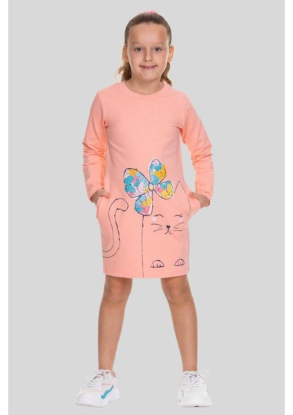3-8 Yaş Kız Çocuk Kedi Desenli Sweat Elbise Somon