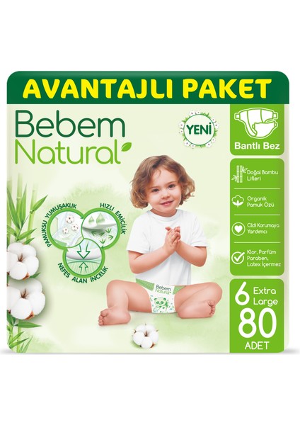 Bebem Natural Bebek Bezi 6 Beden Ekstra Large Avantajlı Paket 80 Adet