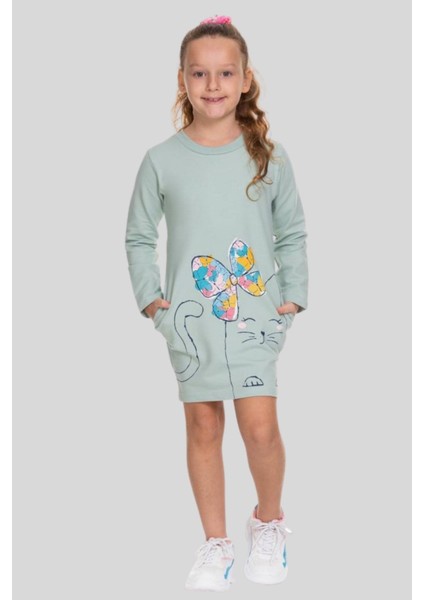 3-8 Yaş Kız Çocuk Kedi Desenli Sweat Elbise Mint