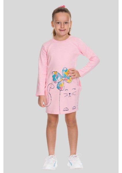 3-8 Yaş Kız Çocuk Kedi Desenli Sweat Elbise Pembe