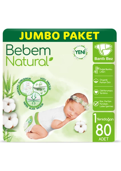 Bebem Natural Bebek Bezi 1 Beden Yenidoğan Jumbo Paket 80 Adet