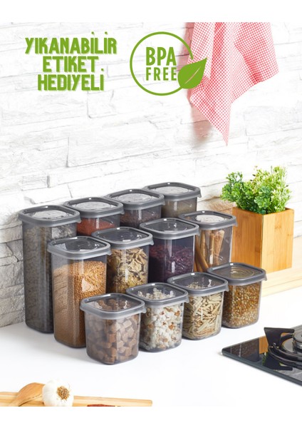 Lüks Füme 12'li Erzak Saklama Kabı Etiket Hediyeli